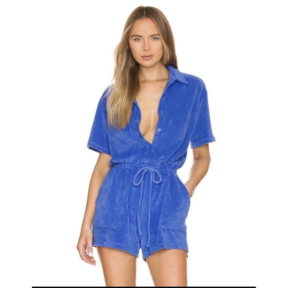 Monrow Sz Small Terry Cloth Shorts Romper Swim Cover Up Cerulean Blue